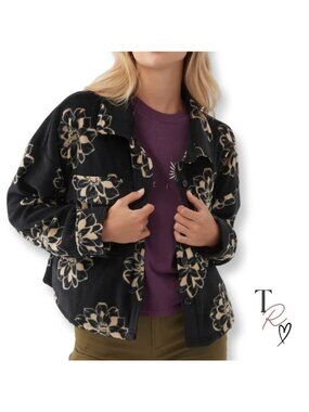 O’Neill Fleece Sherpa Coastal Surf Gorpcore Cropped Jacket Black Floral Size M